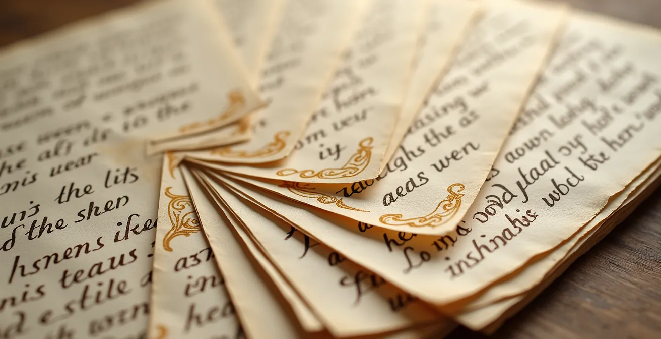 Séquence visuelle montrant l'évolution d'un manuscrit depuis les premières esquisses jusqu'à la version finale polie