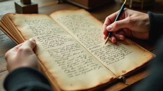Gros plan sur une main tenant un manuscrit littéraire ancien avec des ratures et des annotations révélant les secrets de la création