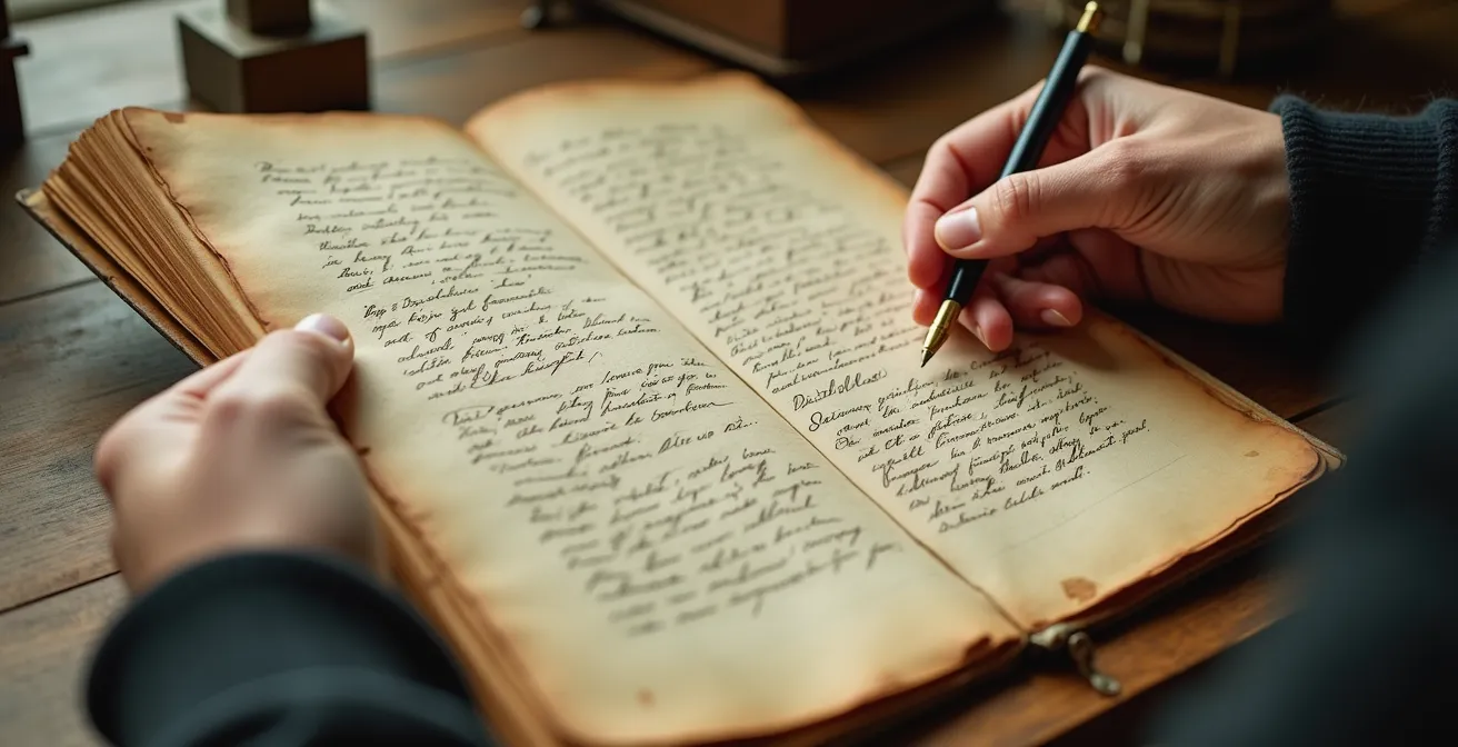 Gros plan sur une main tenant un manuscrit littéraire ancien avec des ratures et des annotations révélant les secrets de la création