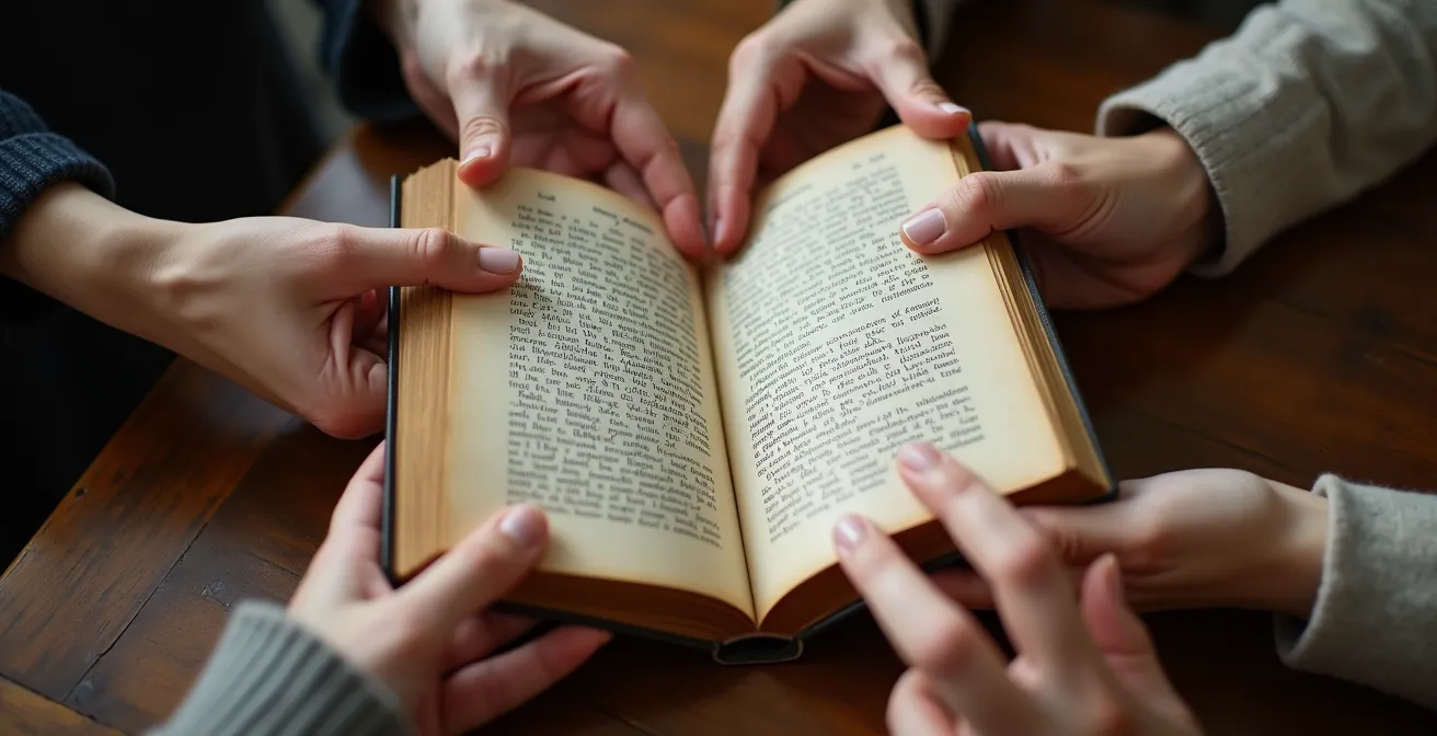 Mains tenant un livre ouvert lors d'un cercle de lecture intimiste
