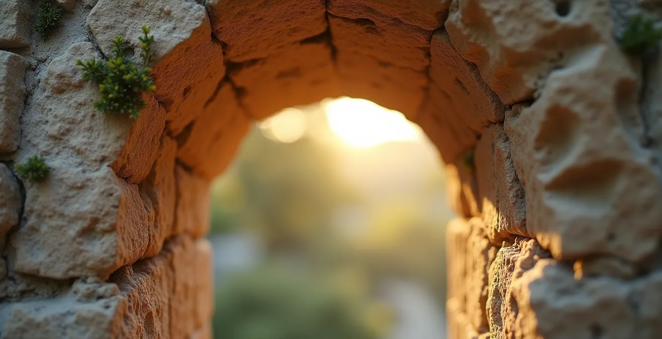 Détail architectural d'une voûte en pierre calcaire avec lumière filtrée