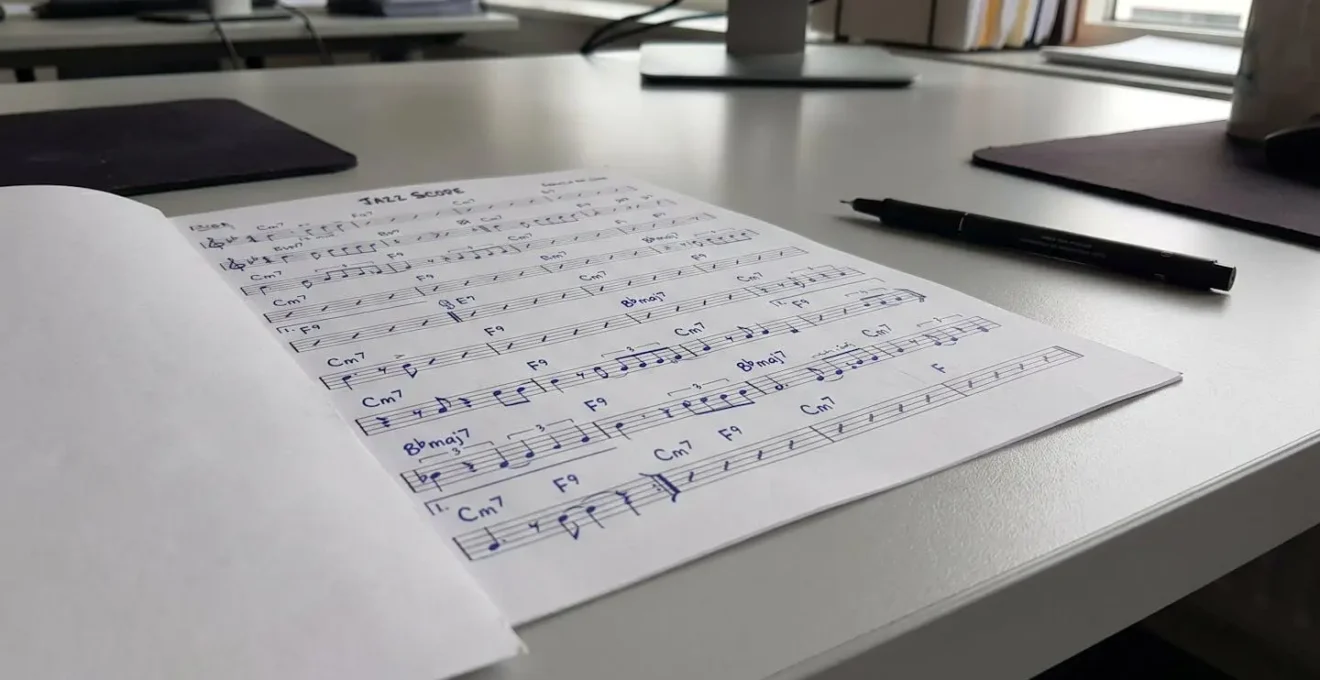 Gros plan sur partition de jazz manuscrite avec annotations au crayon, mise au point nette sur portée musicale, arrière-plan flouté