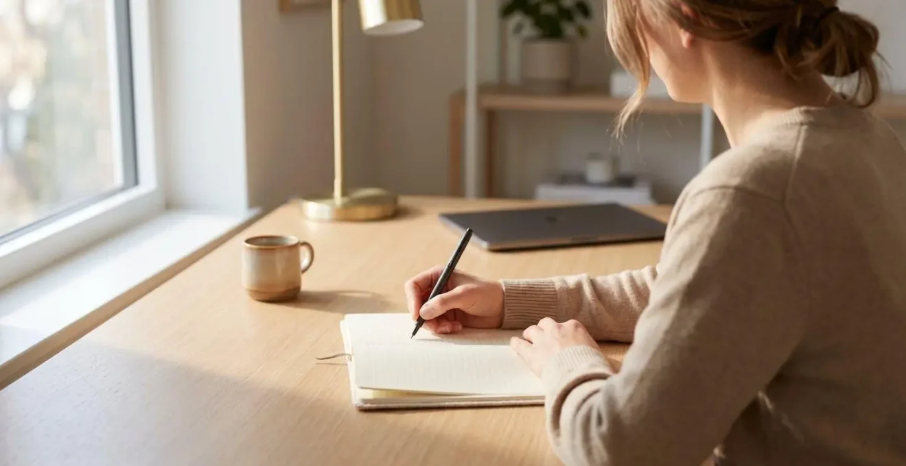 Vue depuis l'arrière d'une personne écrivant à la main dans un carnet ouvert sur bureau épuré, lumière naturelle latérale depuis fenêtre