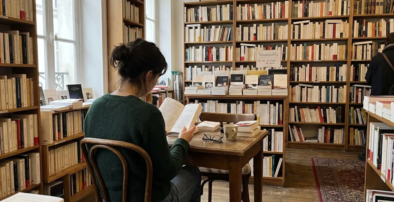Deux personnes feuilletant ensemble un livre ancien dans une librairie indépendante parisienne, lumière naturelle douce depuis la vitrine