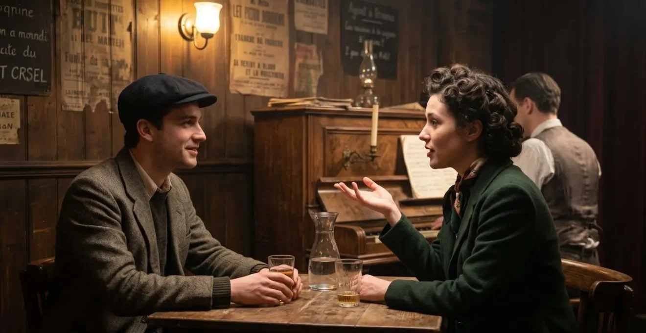 Deux personnes en conversation animée près d'un piano dans un club parisien de style années 1940, ambiance tamisée et boiseries