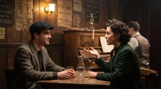 Deux personnes en conversation animée près d'un piano dans un club parisien de style années 1940, ambiance tamisée et boiseries