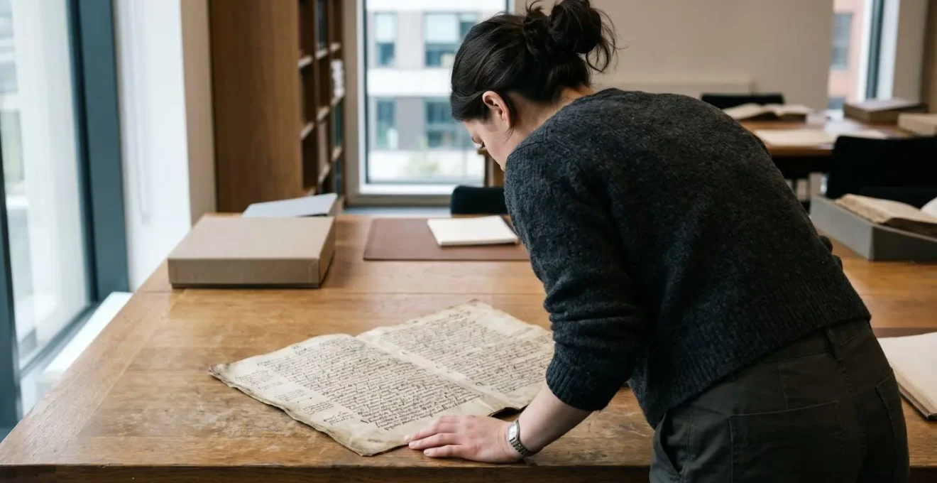 Vue de dos d'une personne penchée sur un manuscrit ancien posé sur un bureau, lumière naturelle de fenêtre