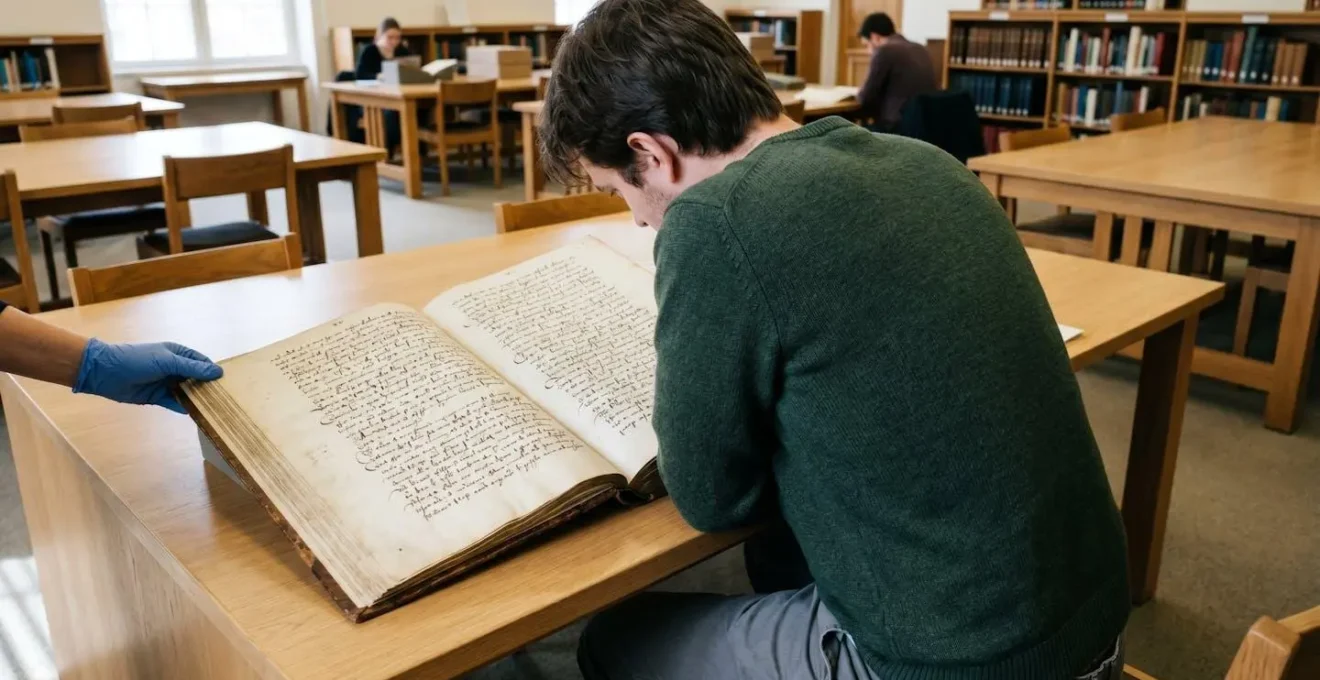 Vue de dos d'une personne penchée sur un manuscrit ancien posé sur un bureau, lumière naturelle de fenêtre